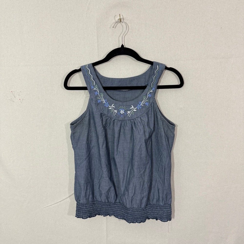 Flare Blue Cotton Embroidered Floral Sleeveless Smocked Hem Tank Top Womens